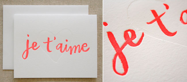 Letterpress printing example je t'aime