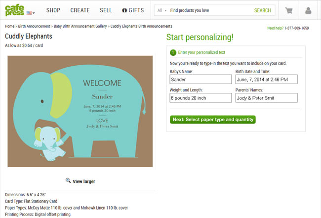 Cafepress Online designer for Birth Announcements